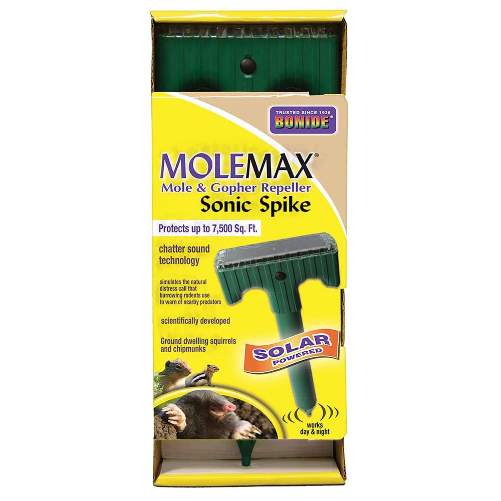 Bonide MoleMax Sonic Spike in yard view repels moles up to 7,500 sq ft.