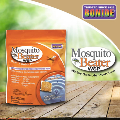 Dissolving Bonide Mosquito Beater pouch on water surface for even granule distribution