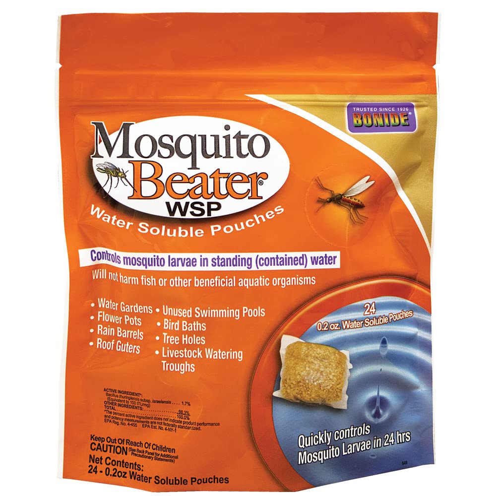 Bonide Mosquito Beater pouch resting on water surface for larval control