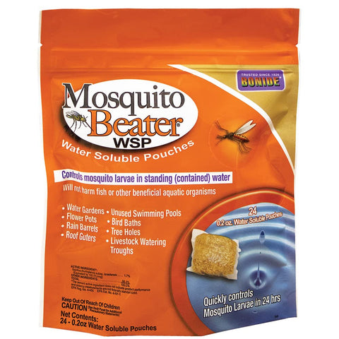 Bonide Mosquito Beater pouch resting on water surface for larval control