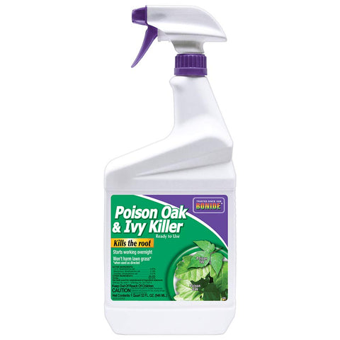 Bonide Poison Oak & Ivy Killer bottle front showing ready-to-use design for easy lawn weed control.