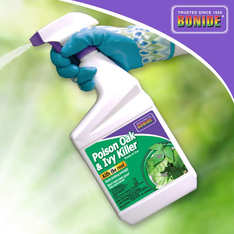 Bonide Poison Oak & Ivy Killer bottle shown with rainfast claim after drying for outdoor use.