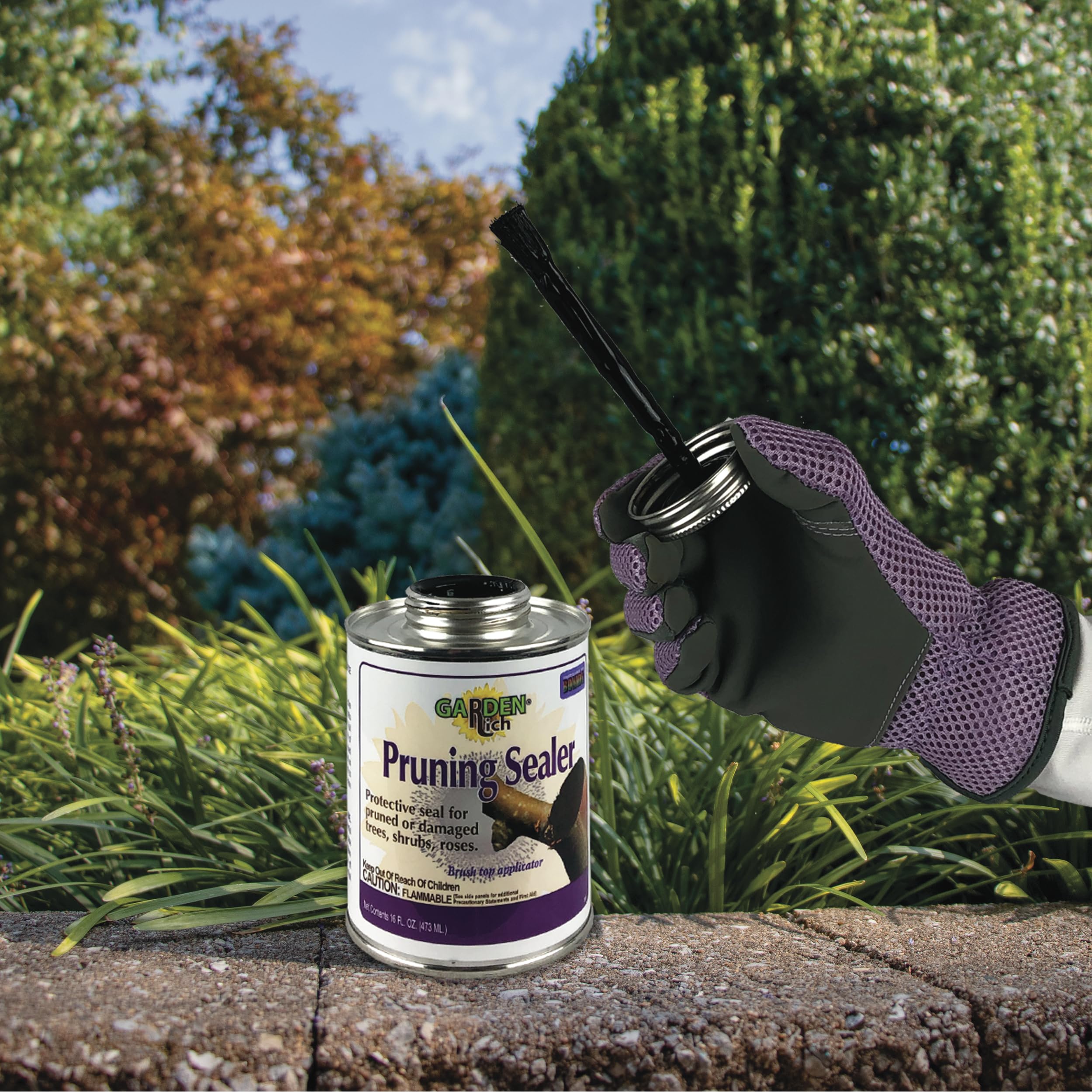 Bonide Pruning Sealer bottle featuring asphalt-based formulation for durable protection