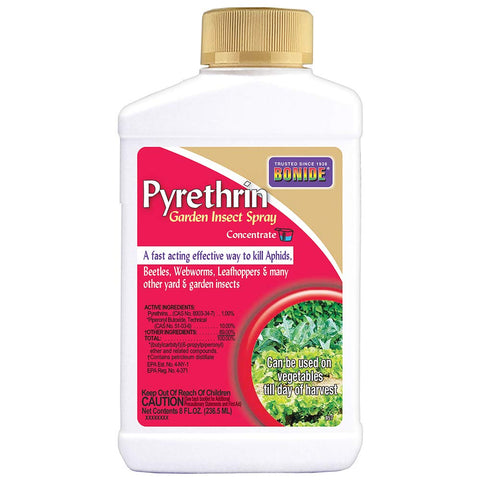 Bonide Pyrethrin Garden Spray bottle pour for easy dilution.