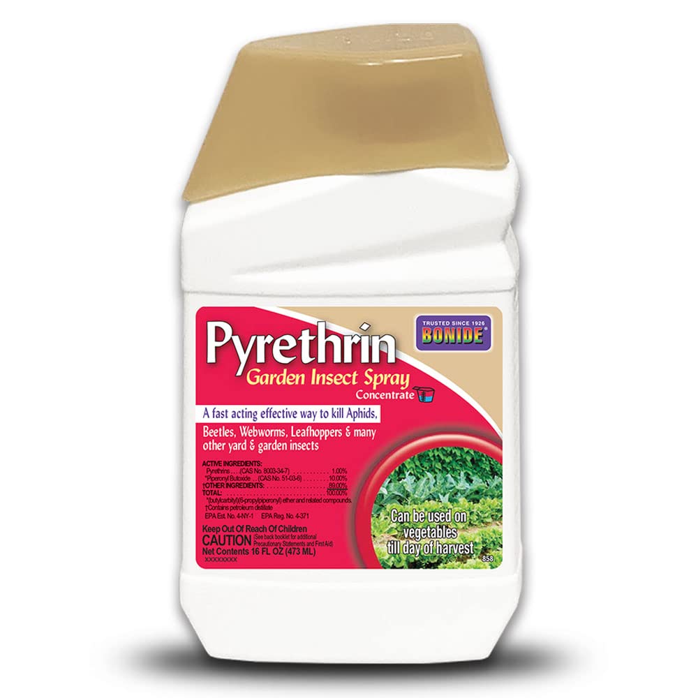 Bonide Pyrethrin Garden Spray bottle with ready-to-mix formula for outdoor pest control.