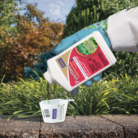 Close-up label on Bonide Pyrethrin Garden Spray showing harvest-day use.