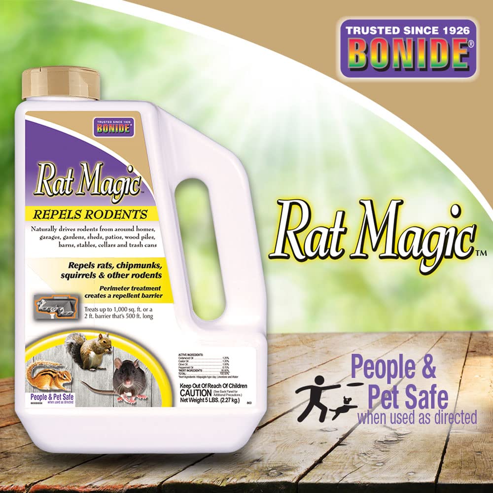 Bonide Rat Magic pellets coverage: 1 lb covers 2 ft by 100 ft.