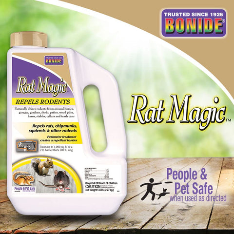 Bonide Rat Magic pellets coverage: 1 lb covers 2 ft by 100 ft.