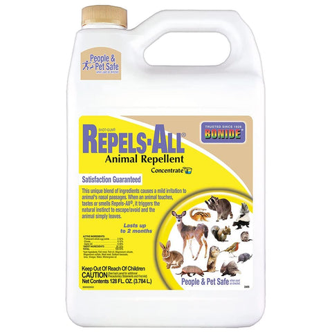 Bonide Repels-All bottle pour demonstrates easy concentrate mixing for outdoor pest control.