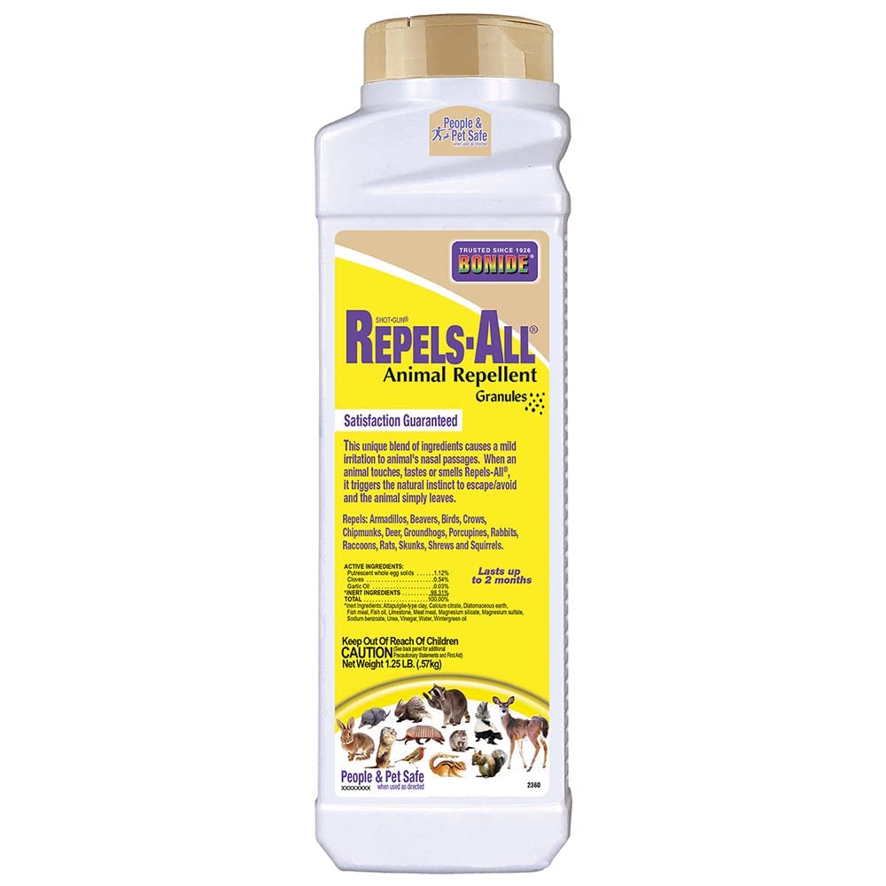 Bonide Repels-All granules in a shaker bottle ready to deter pests around gardens