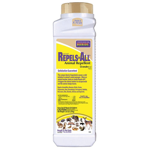 Bonide Repels-All granules in a shaker bottle ready to deter pests around gardens