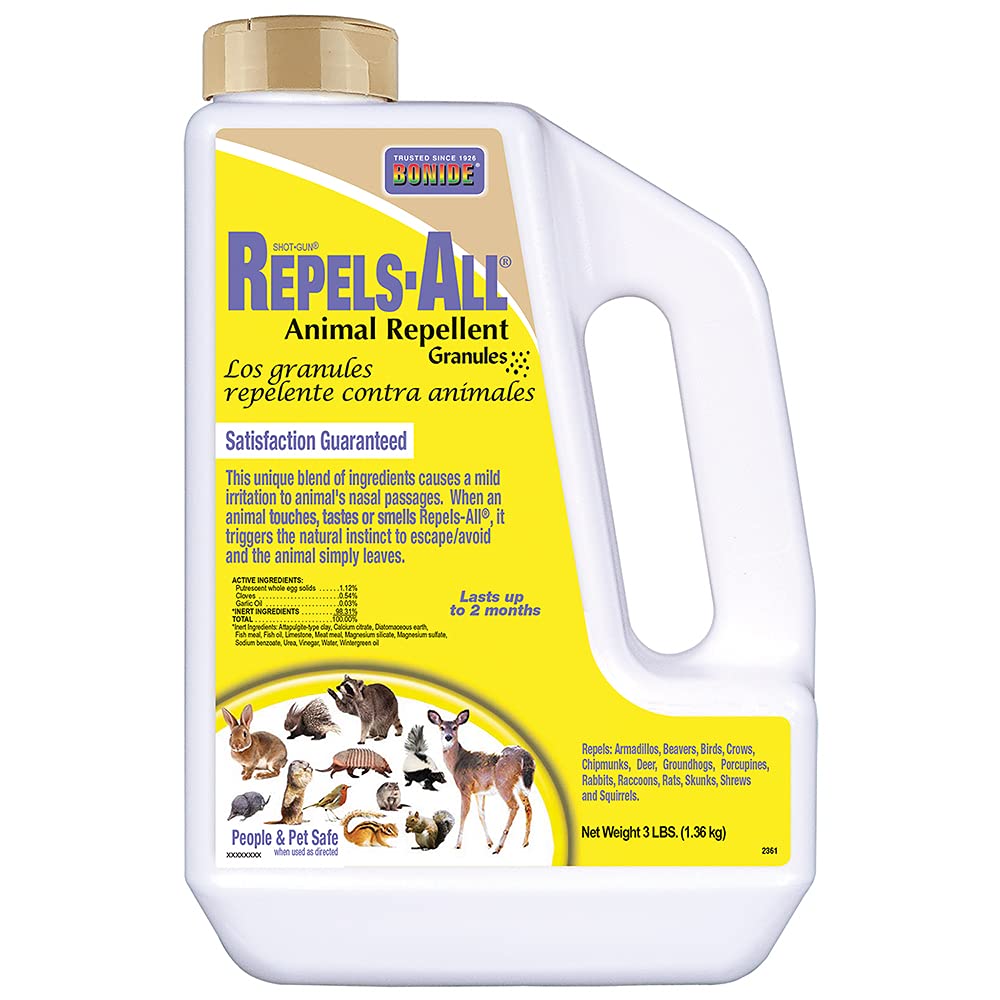Bonide Repels-All granules packaging with ready-to-use deterrent for gardens