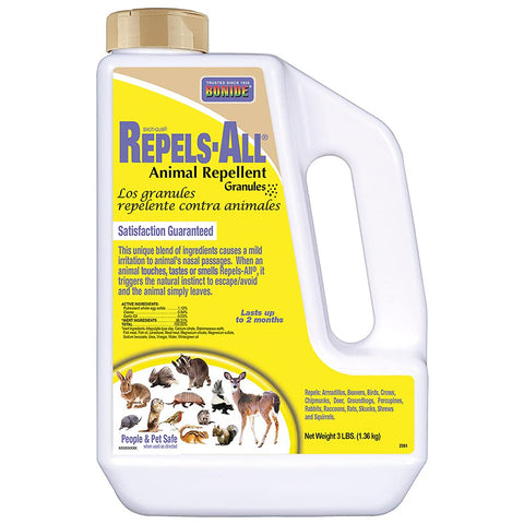 Bonide Repels-All granules packaging with ready-to-use deterrent for gardens