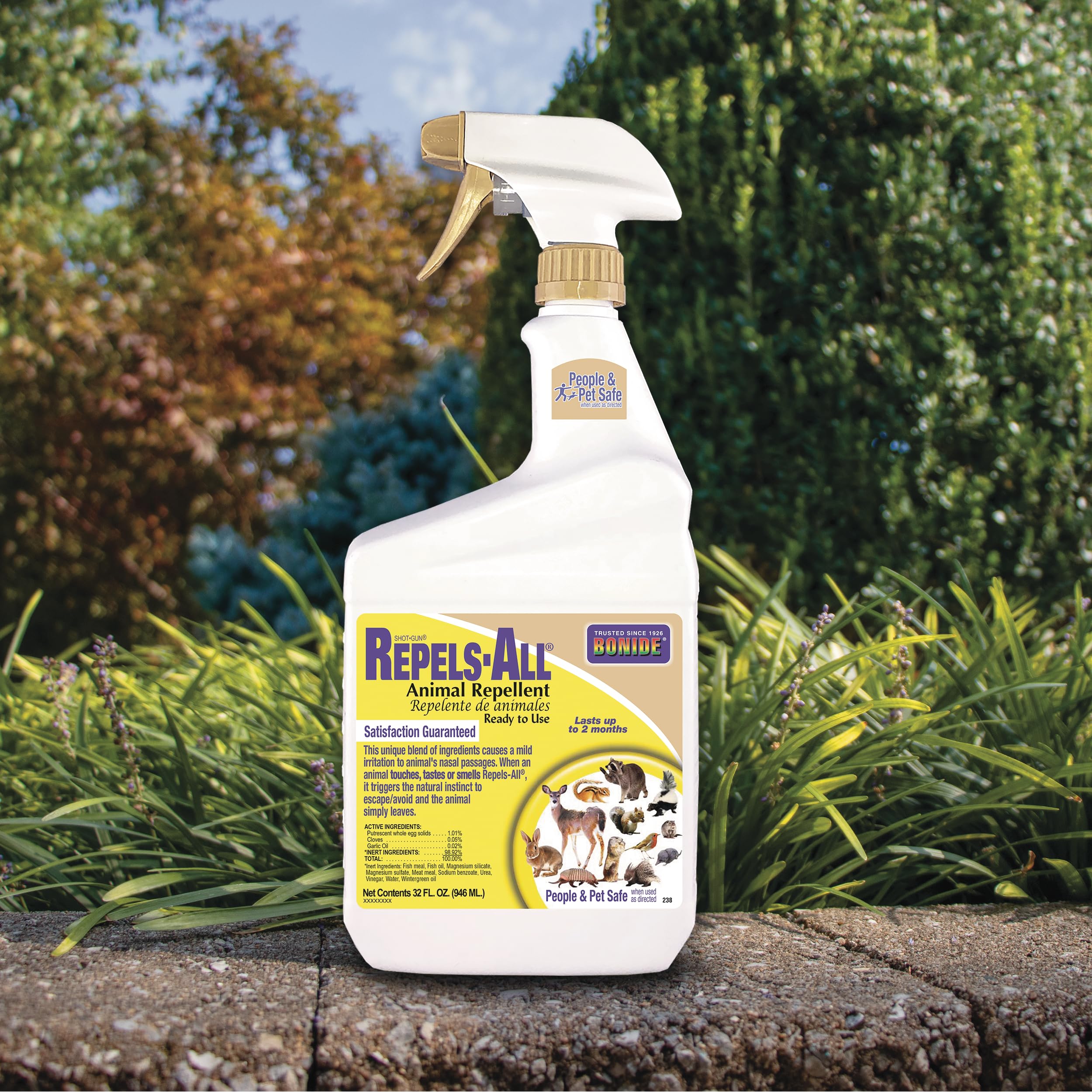 Bonide Repels-All applied to garden beds protects ornamental plants.