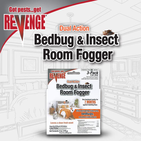 Indoor use in bedrooms and kitchens with Bonide Revenge fogger for pests.