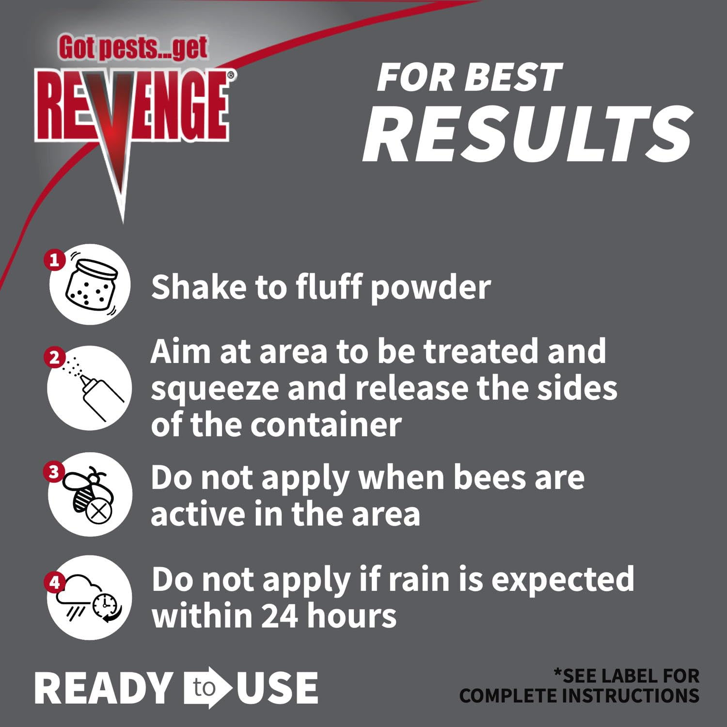 Outdoor-use image showing Bonide Revenge Spider & Ground Bee Killer on porch/deck areas.