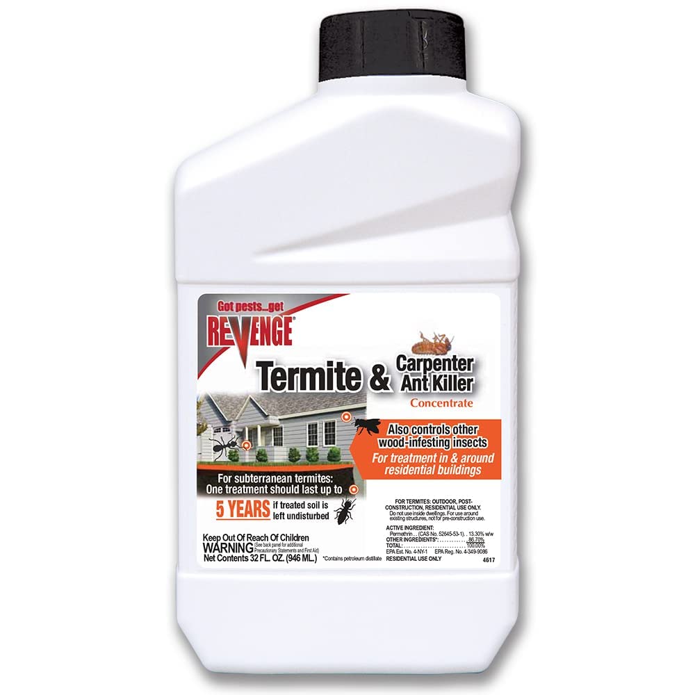 Bonide Revenge termite killer 32oz bottle ready for outdoor perimeter treatment.