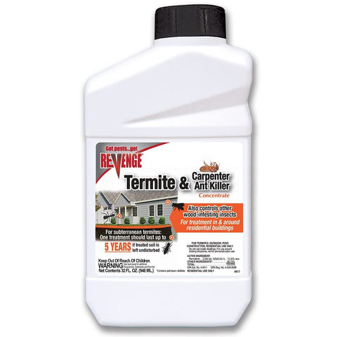 Bonide Revenge termite killer 32oz bottle ready for outdoor perimeter treatment.