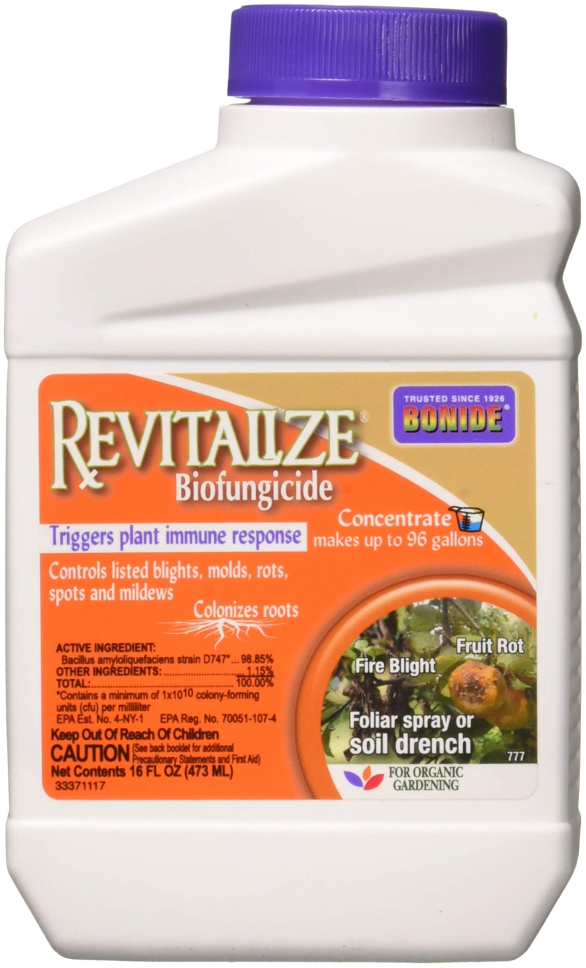 Bonide Revitalize Biofungicide bottle pour for organic garden protection against disease