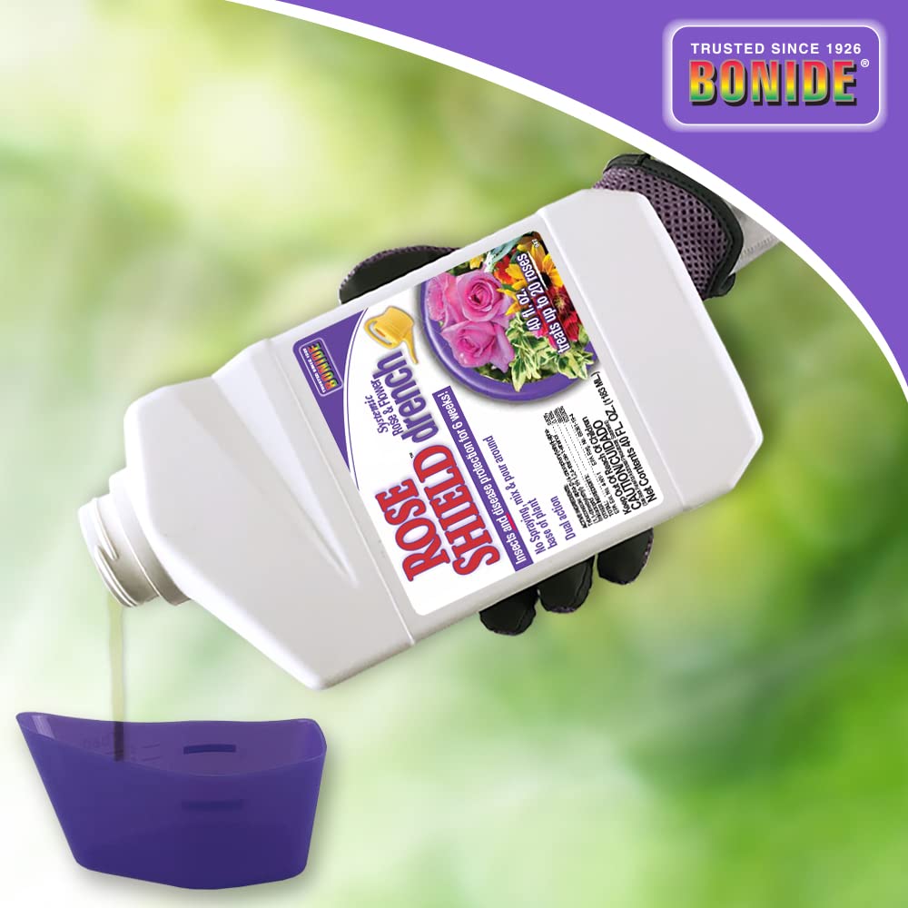 Bonide Rose Shield Drench helps prevent black spot and powdery mildew.