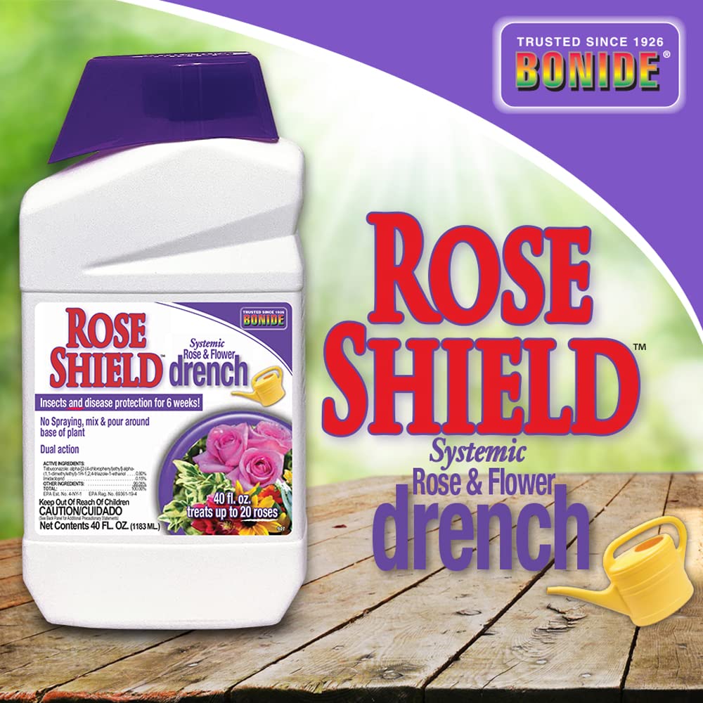 Bonide Rose Shield Drench targets Japanese beetles and other pests.
