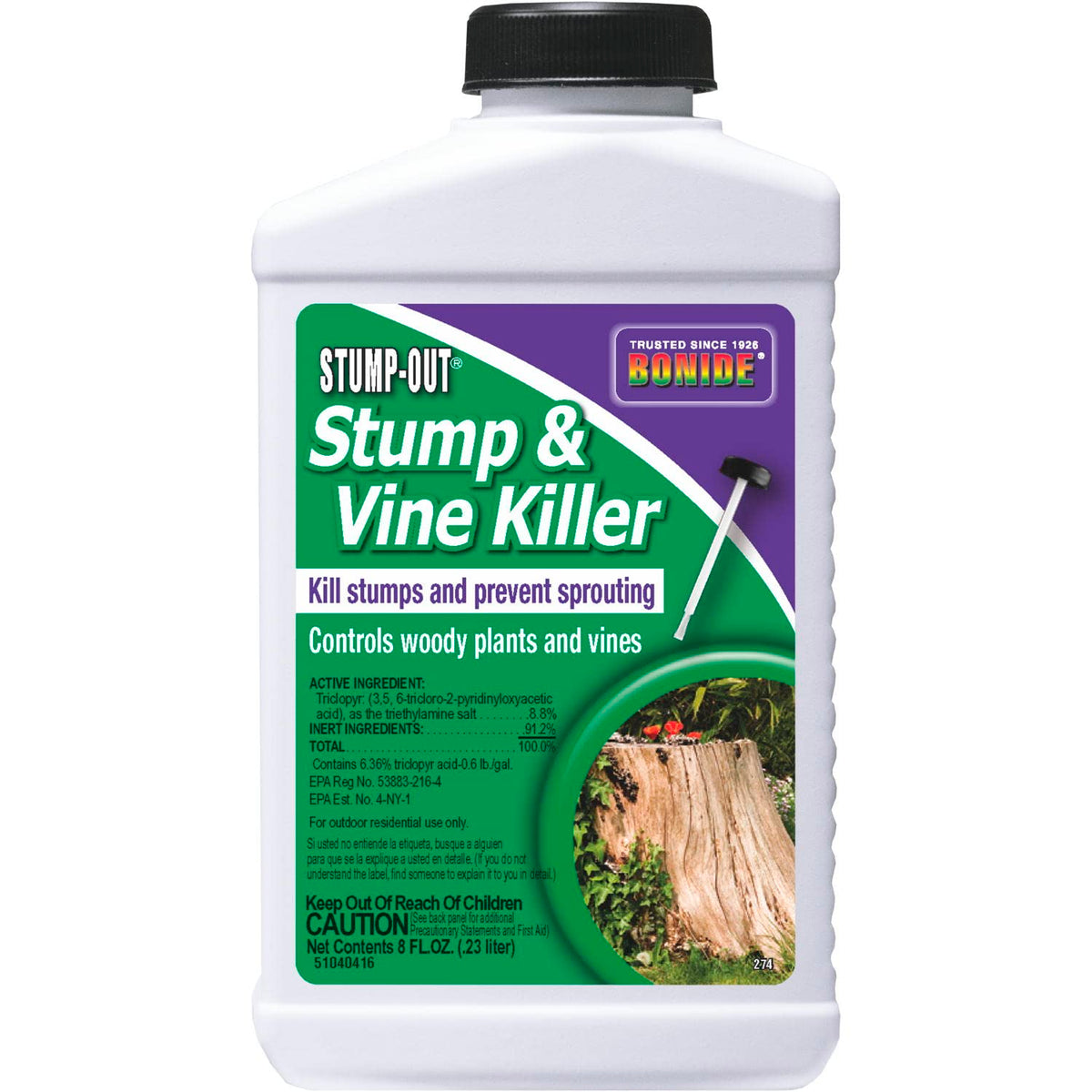 Bonide Stump-Out bottle with brush applicator for precise stump treatment outdoors.
