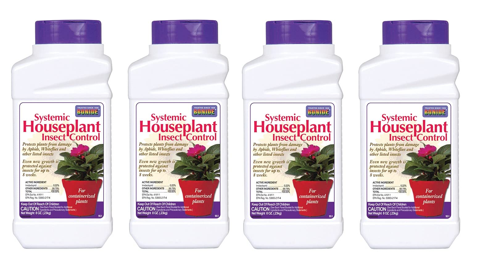 Bonide systemic houseplant insect control granules applied to soil provide eight weeks of protection