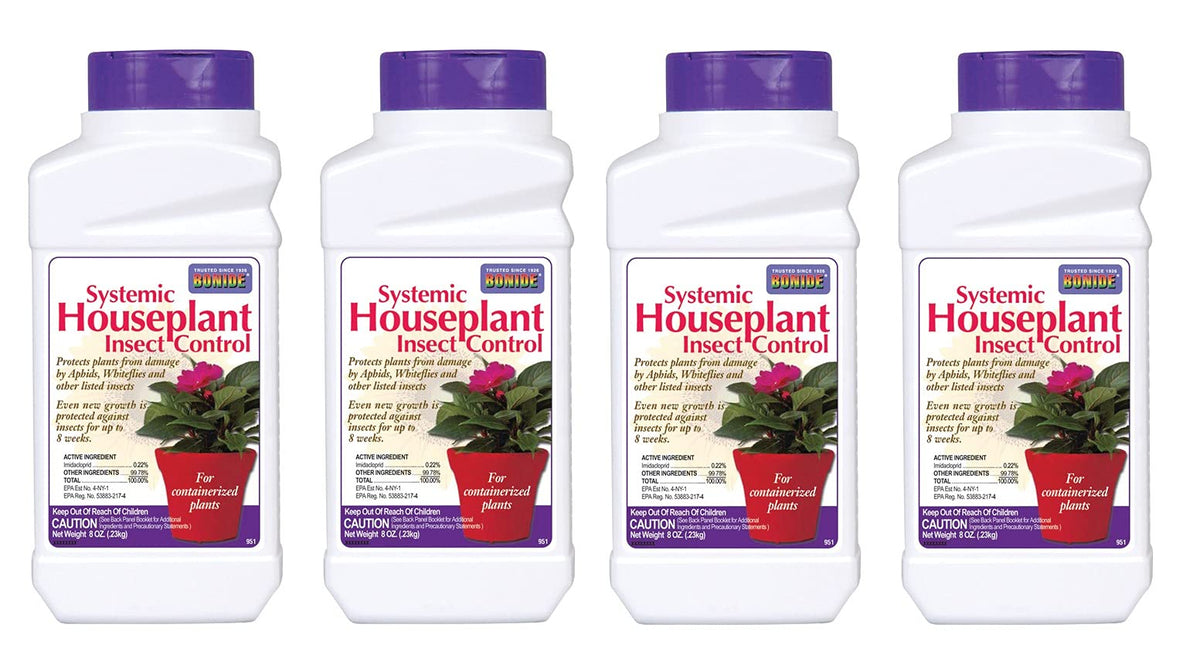 Bonide systemic houseplant insect control granules applied to soil provide eight weeks of protection