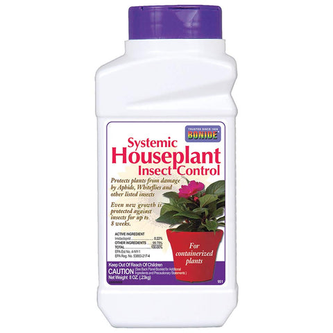Bonide Systemic Houseplant Insect Control granules on soil surface protecting container plants
