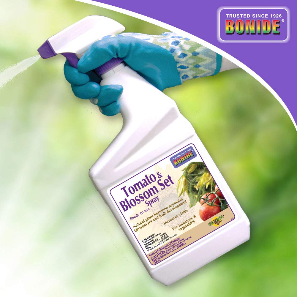 Bonide Tomato & Blossom Spray on tomatoes and vegetables encourages fruit development.
