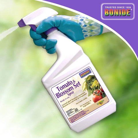 Bonide Tomato & Blossom Spray on tomatoes and vegetables encourages fruit development.