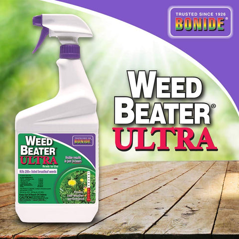 Bonide Weed Beater Ultra trigger sprayer in action for targeted weed control.