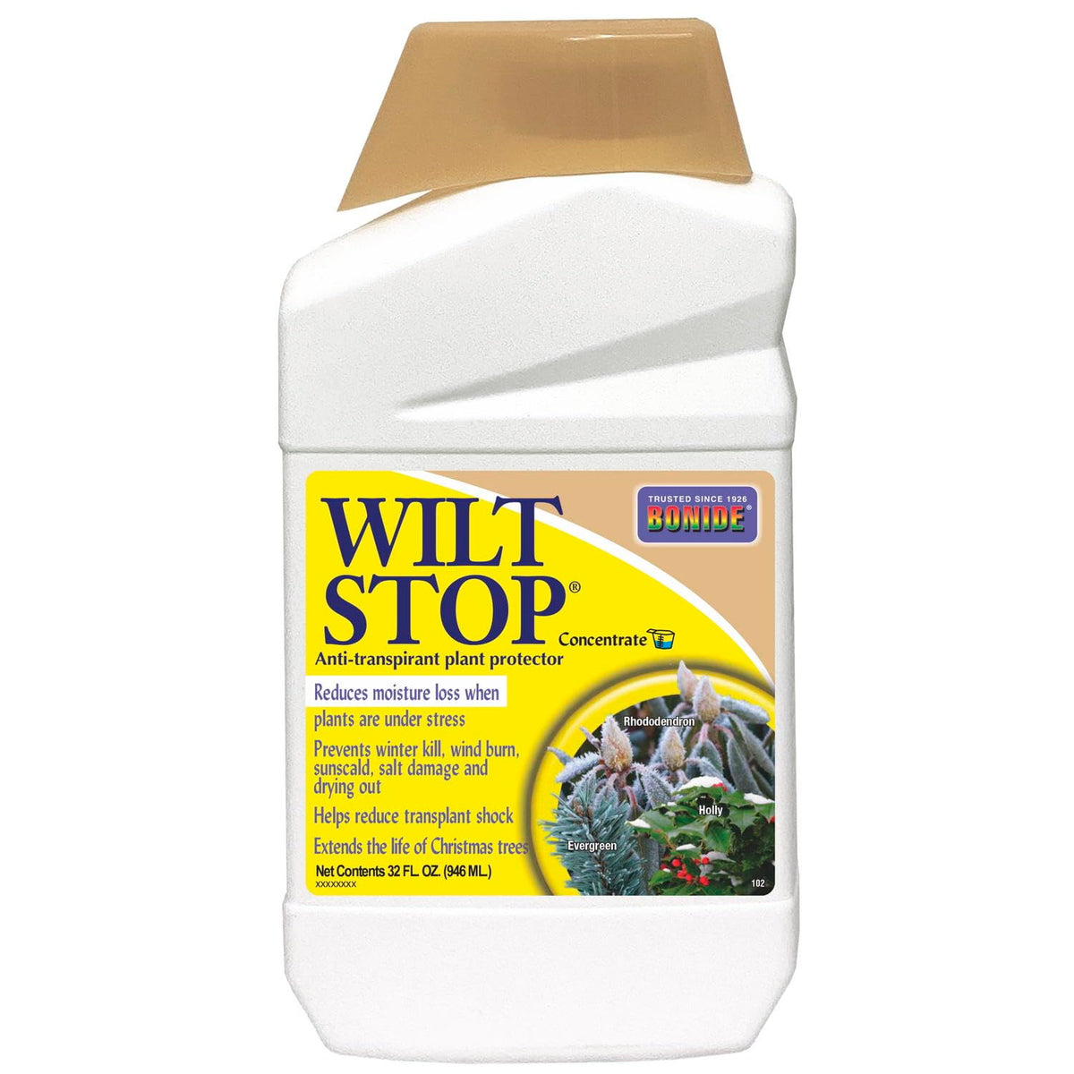 Bonide Wilt Stop bottle pour demonstrating easy application and moisture retention