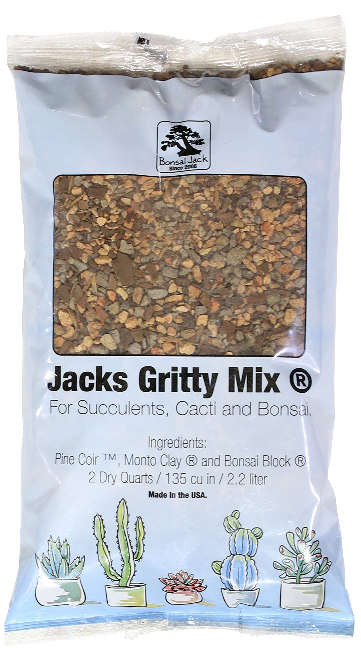 Bonsai Jack Jacks Gritty Mix 2 Quarts bag front emphasizes fast drainage for healthier roots.
