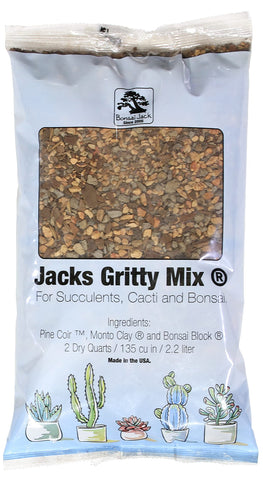 Bonsai Jack Jacks Gritty Mix 2 Quarts bag front emphasizes fast drainage for healthier roots.