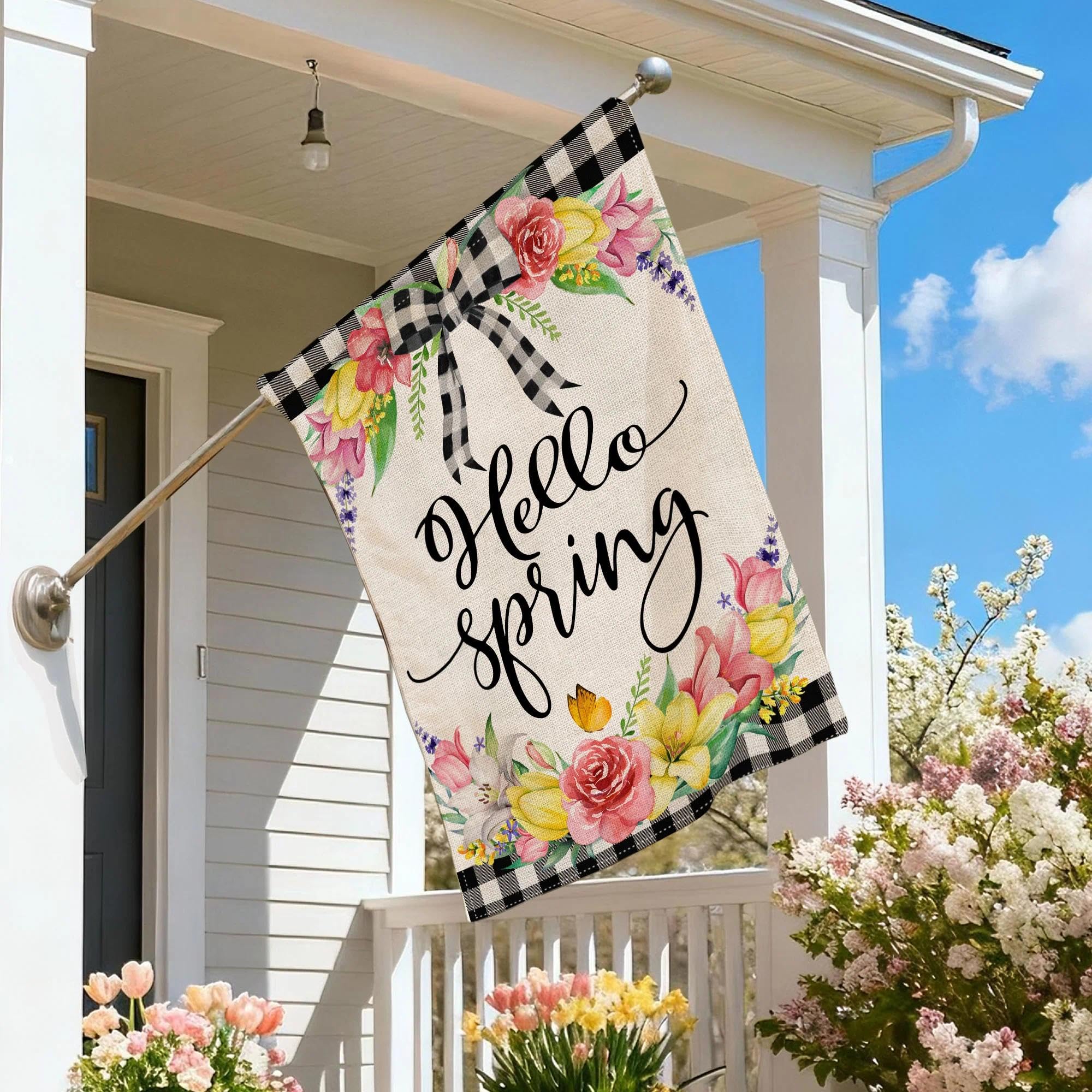Bonsai Tree seasonal floral wreath flag adds festive curb appeal.