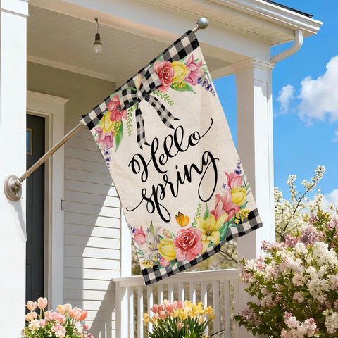 Bonsai Tree seasonal floral wreath flag adds festive curb appeal.