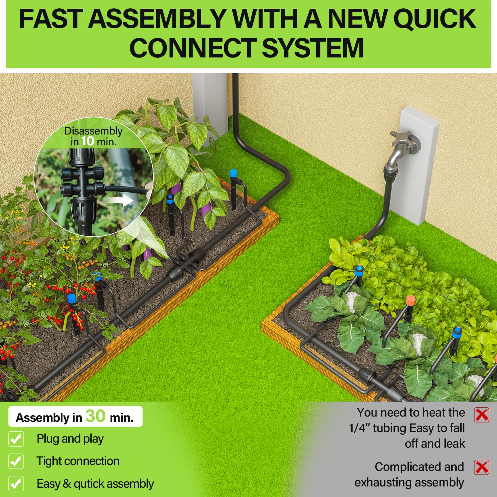 Bonviee garden irrigation system installation for versatile, underground or above-ground layouts