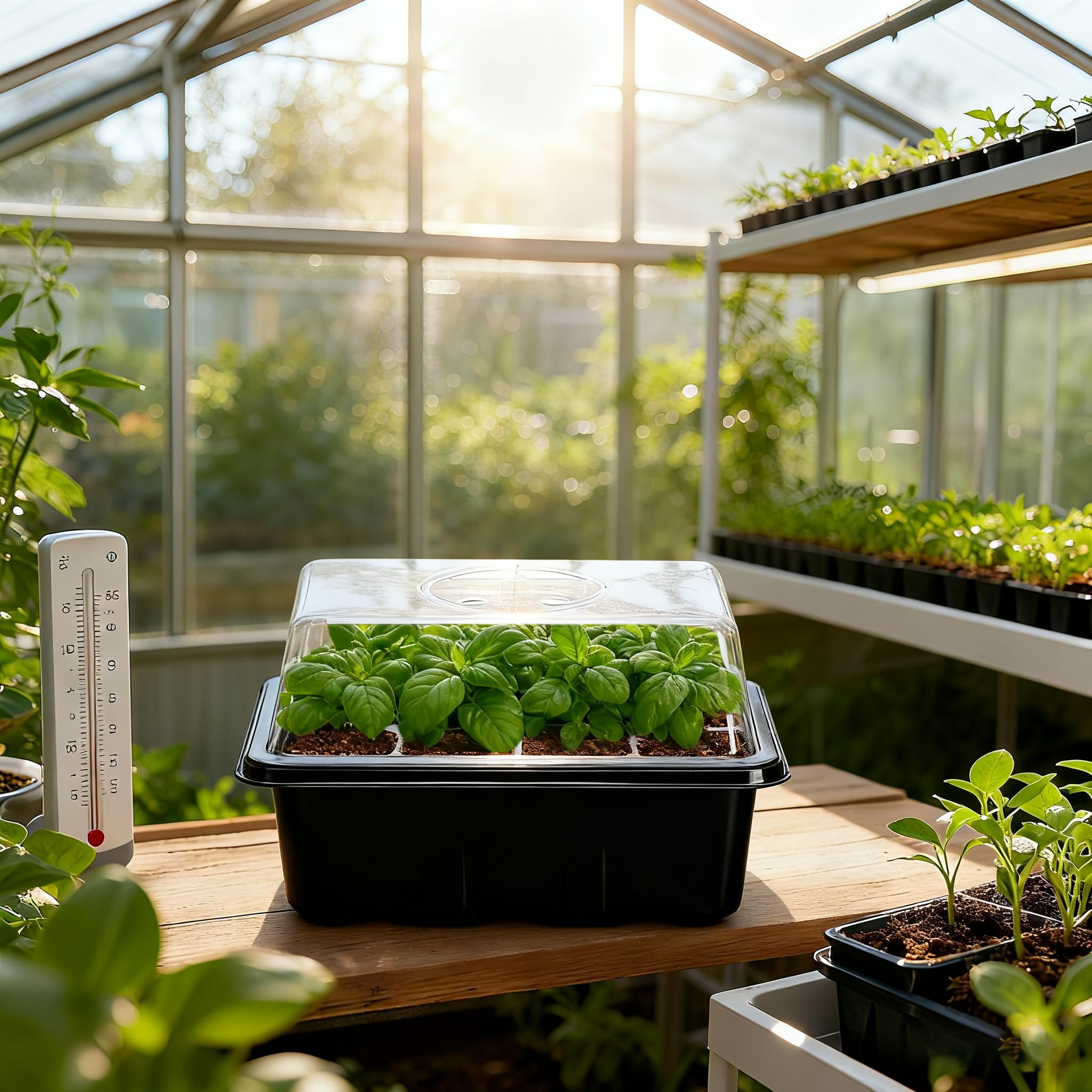 Bonviee indoor propagator set creates a compact greenhouse for seedlings.