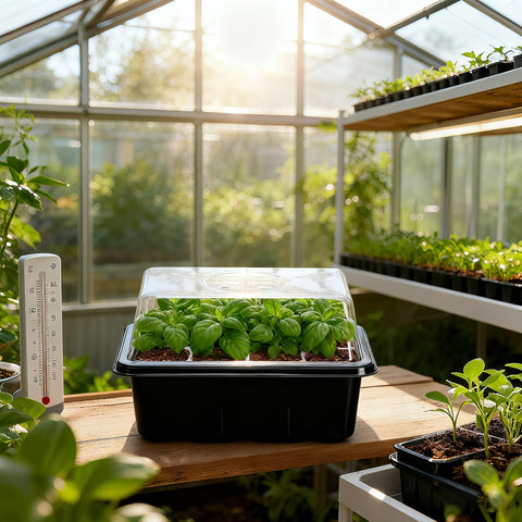 Bonviee indoor propagator set creates a compact greenhouse for seedlings.
