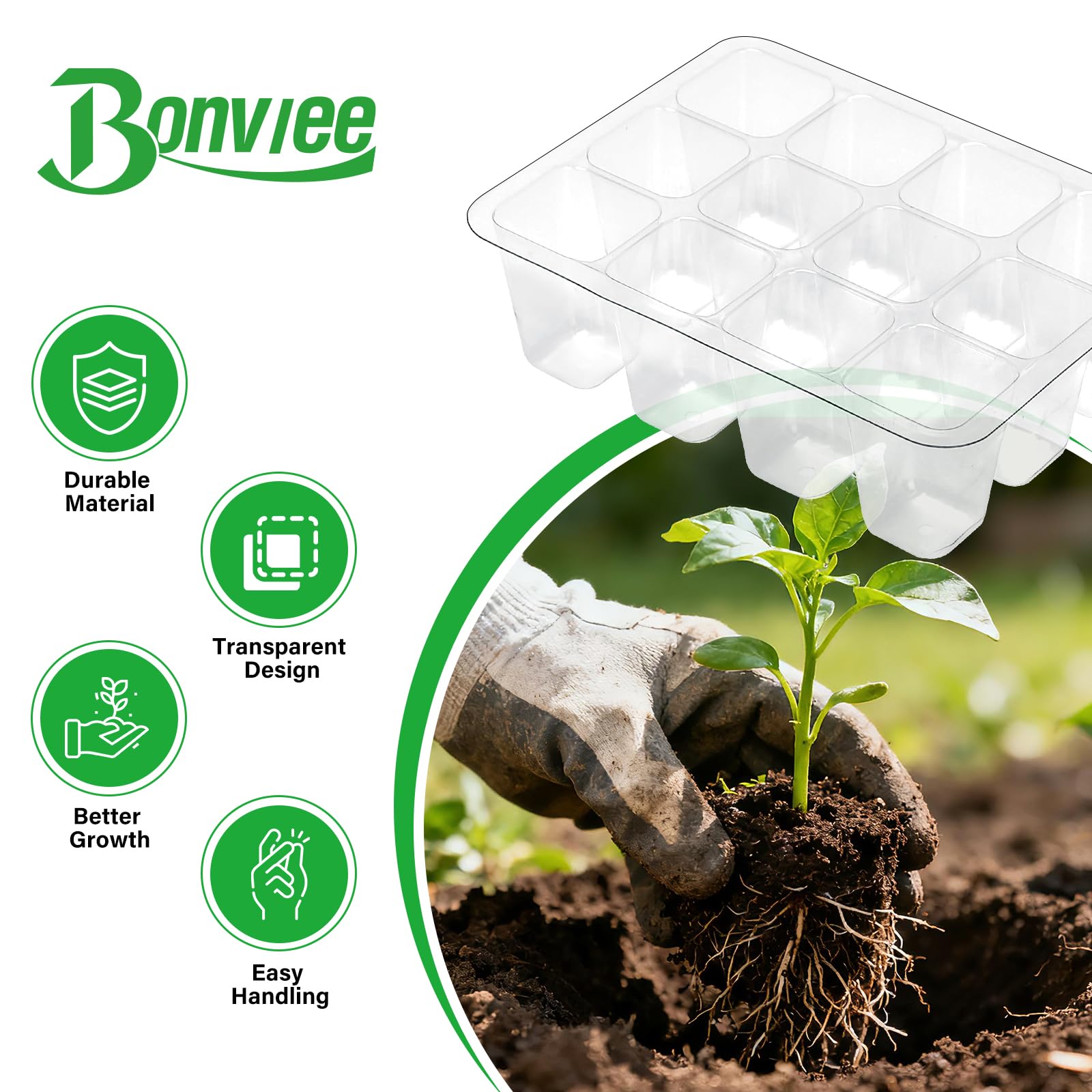 Bonviee seed tray section highlighting 144 total cells across 12-pack sets