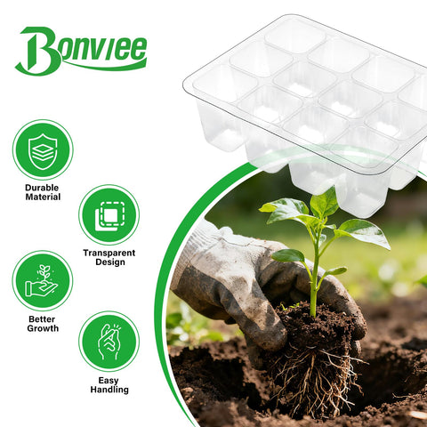 Bonviee seed tray section highlighting 144 total cells across 12-pack sets