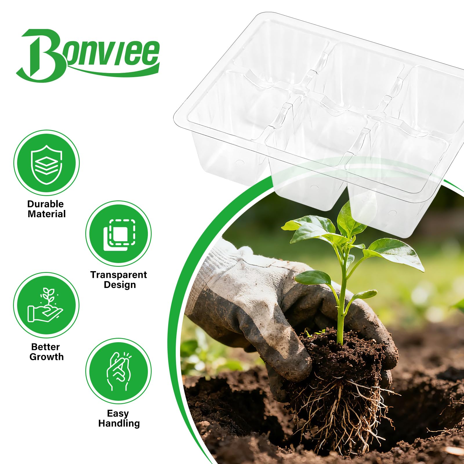 Bonviee seed starter tray close-up of drainage holes for healthy moisture flow.