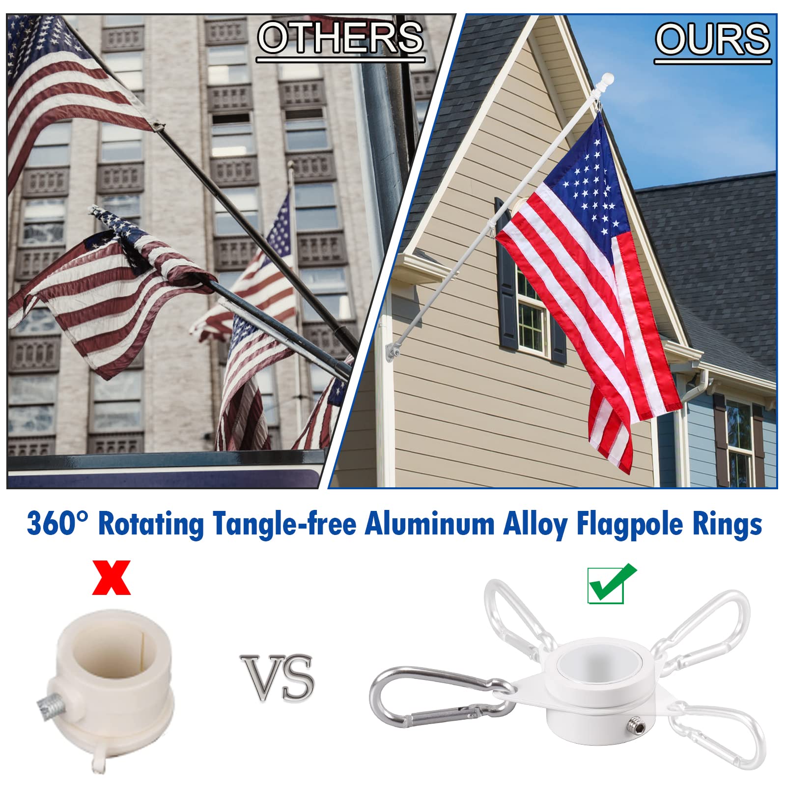 BONWIN 360° anti-wrap flagpole rings keep flags fluttering smoothly.