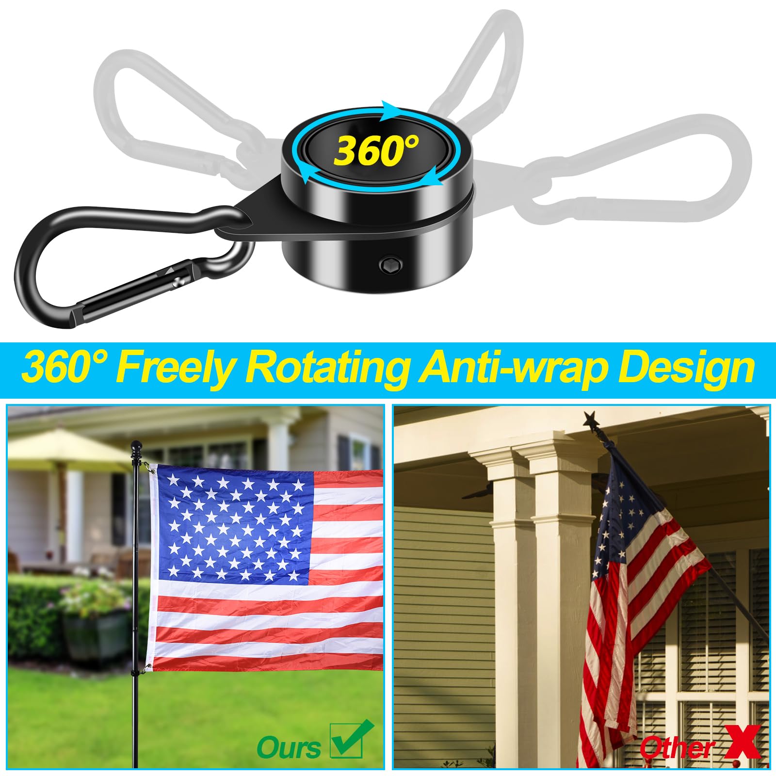 BONWIN 360° rotating rings keep flags untangled during windy conditions.