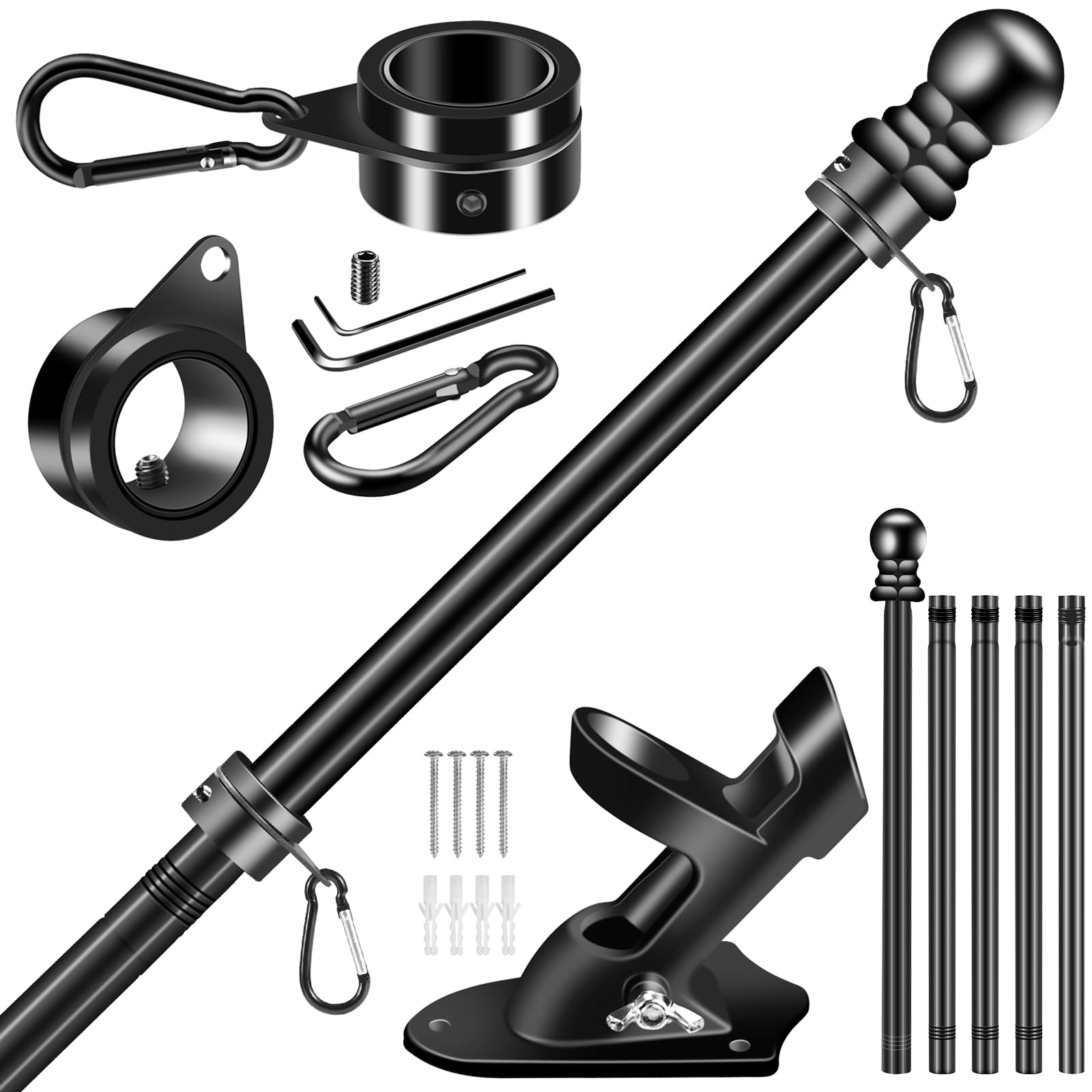 BONWIN 6ft black flag pole top section, durable wall-mount ready for outdoor flags.