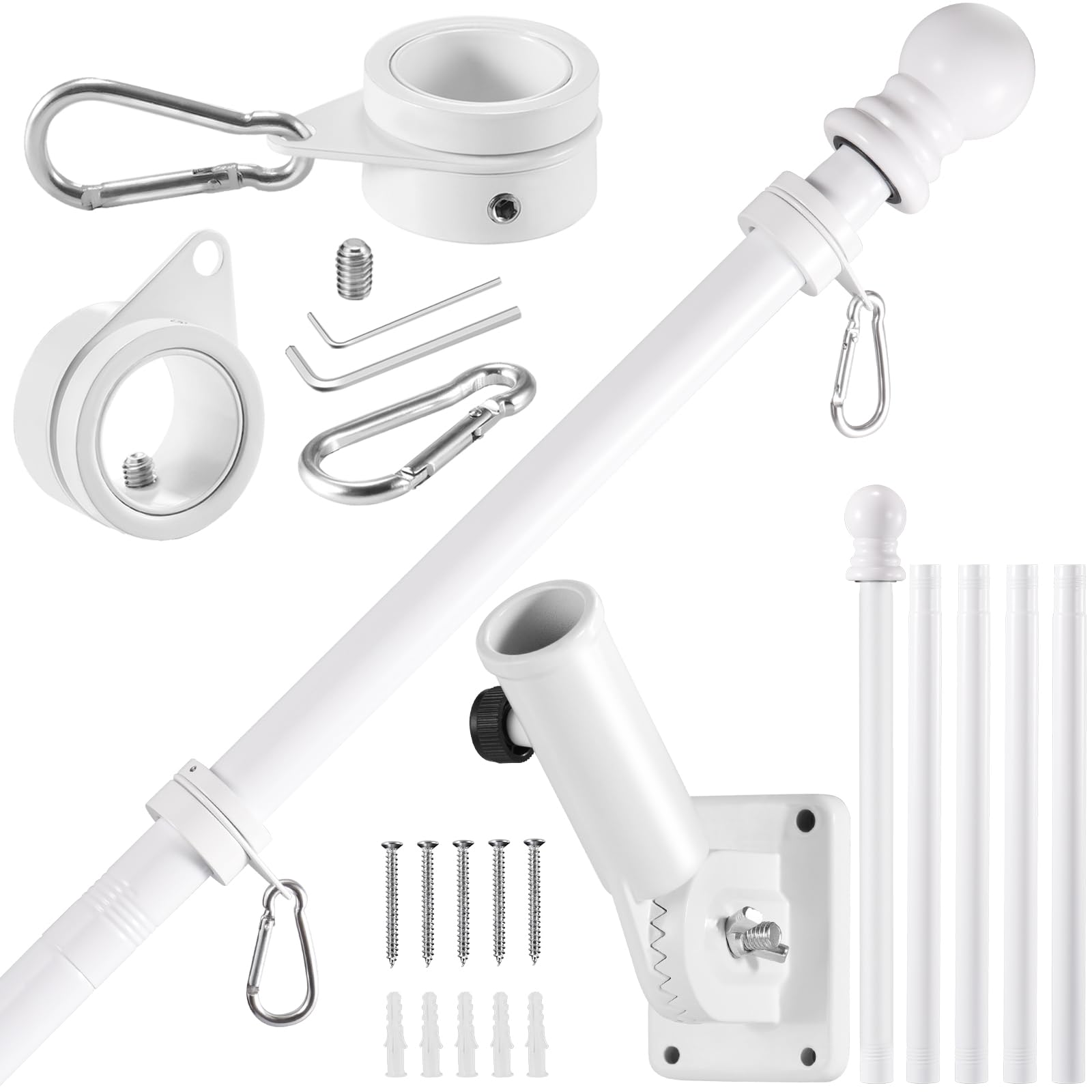 BONWIN 6 ft white flagpole kit for porch mounting with durable stainless steel.