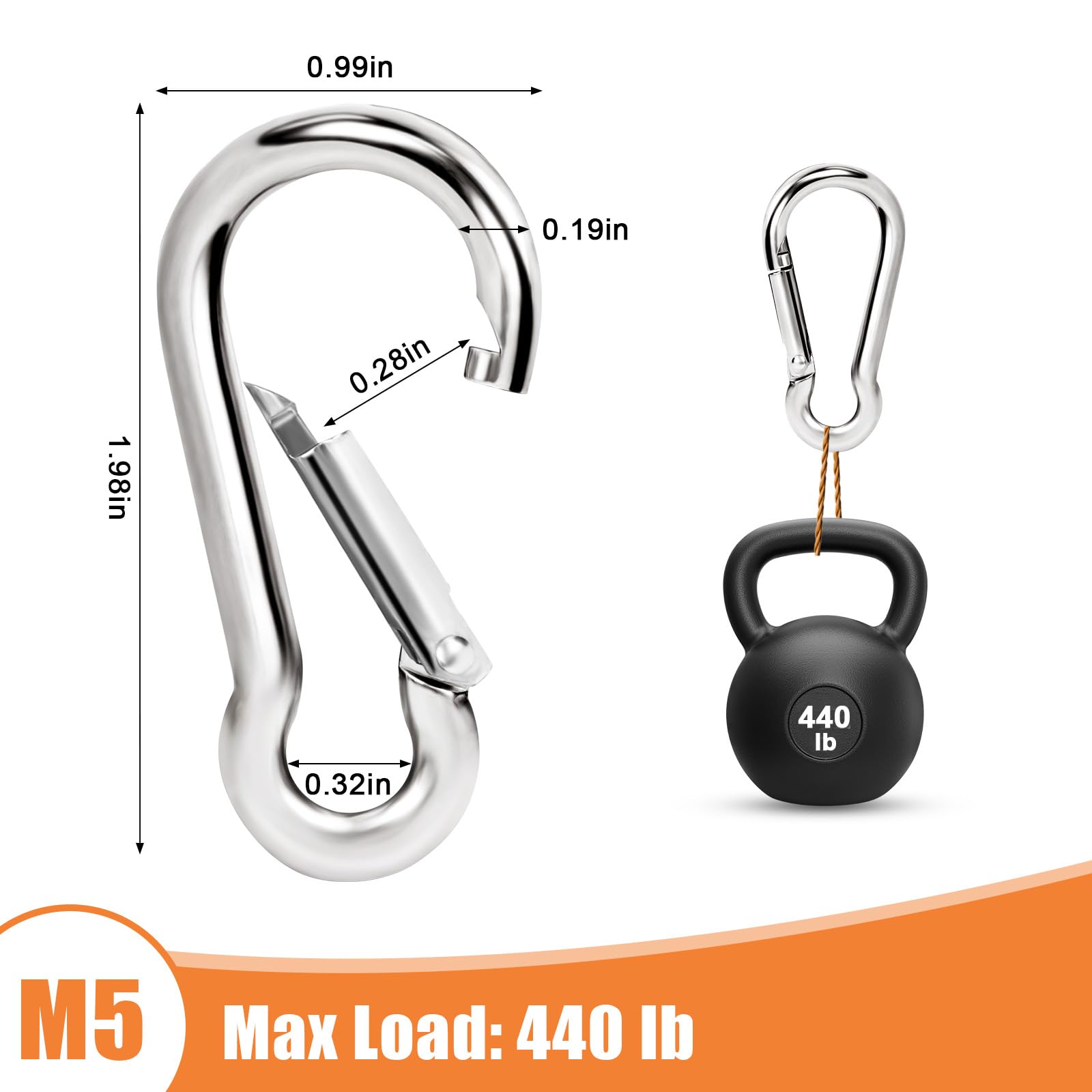 Close-up of BONWIN M5 spring snap clip showing stainless steel durability.