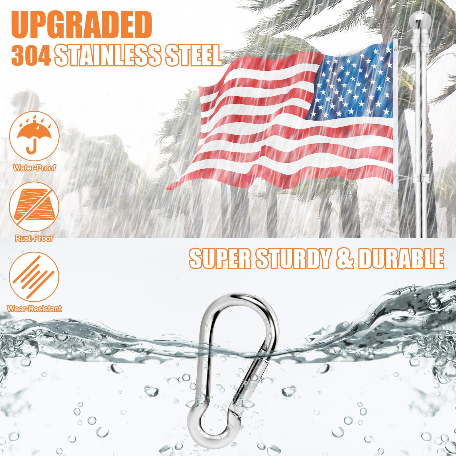 Outdoor-ready BONWIN clip on a flagpole showing universal 2-inch length.