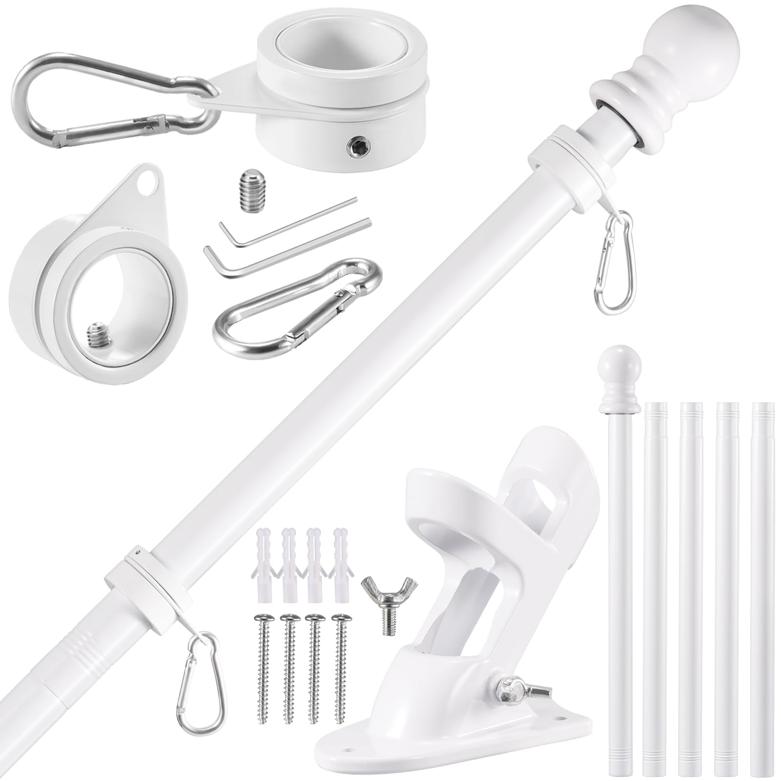 BONWIN white flag pole kit 6ft on wall mount—durable outdoor display.